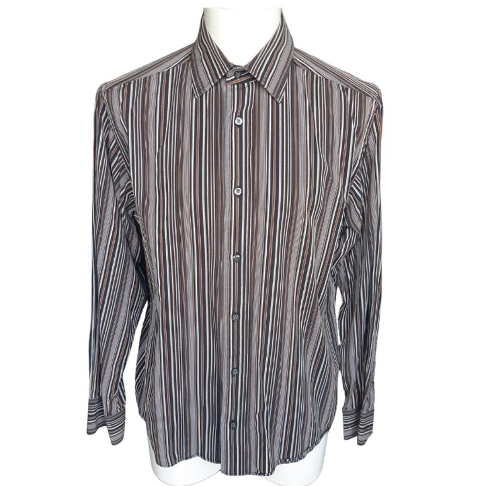 Denver Hayes SZ M Brown & Black Striped 100% Cotton Men's Button Up Shirt